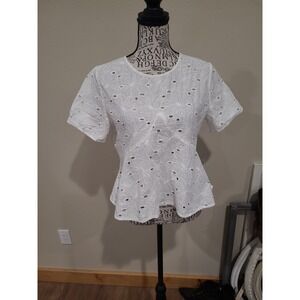 Cottage Core Coastal White Eyelet Top Peplum ruffle Women SZ Med Beachy Cotton